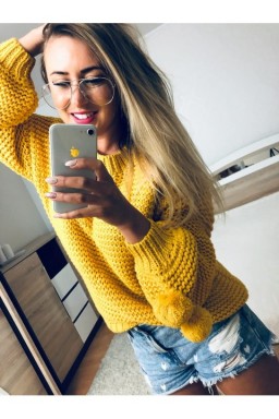 Sweter z Pomponami Żółty