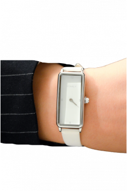 Elegancki  prostokątny zegarek na skórzanym pasku kolor biały srebrna koperta