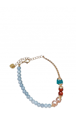 Regulowana bransoletka naturalne perły i akwamaryn pozłacana 14k