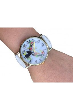 Zegarek vintage jeleń kwiaty skórzany pasek biały