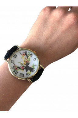 Zegarek vintage jeleń kwiaty skórzany pasek czarny