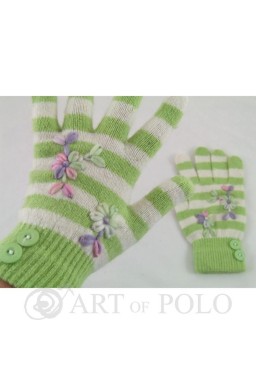 Zielono-białe rękawiczki damskie z haftowanymi kwiatkami i guziczkami - zielony || biały