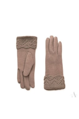Subtelne beżowe rękawiczki damskie z koronkowym nadgarskiem - beżowy